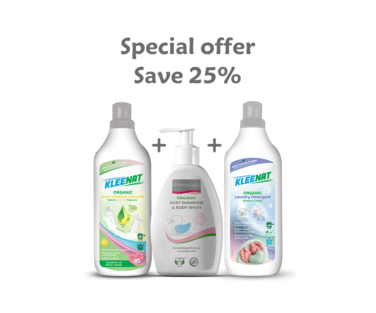 Kleenat Nettoyant Ustensiles B. + Primavea Shampooing B. + Kleenat Détergent L. @ Économisez 25%